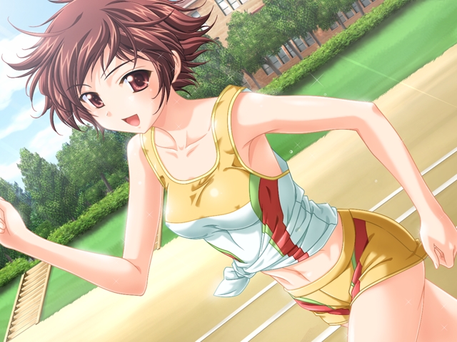 bare_shoulders, brown_eyes, brown_hair, dutch_angle, erect_nipples, game_cg, gym, joshiryou_joku_~ryouke_bijin_shimai_odorigui~