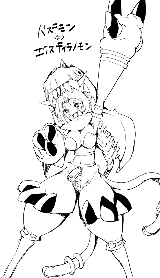 1girl, animal_ears, armor, bastemon, breasts, claws, digimon, extyrannomon_(digimon)