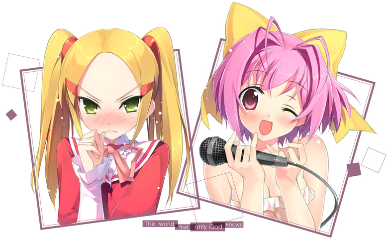 blonde_hair, blush, green_eyes, kami_no_mizoshiru_sekai, kami_nomi_zo_shiru_sekai, kantoku, microphone, nakagawa_kanon, pink_eyes, pink_hair, twintails, wink