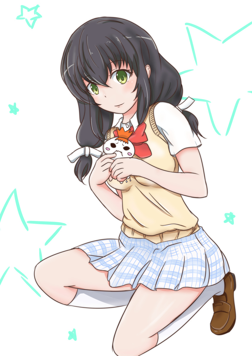 1girl, aquarion_(series), aquarion_logos, black_hair, breasts, green_eyes, hair_ornament, kikogami_kokone