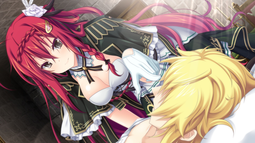 1girl, bed, black_eyes, blonde_hair, braid, breasts, cleavage, dress