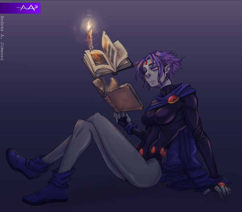 1girl, andava, artist_name, belt, book, breasts, candle, cape
