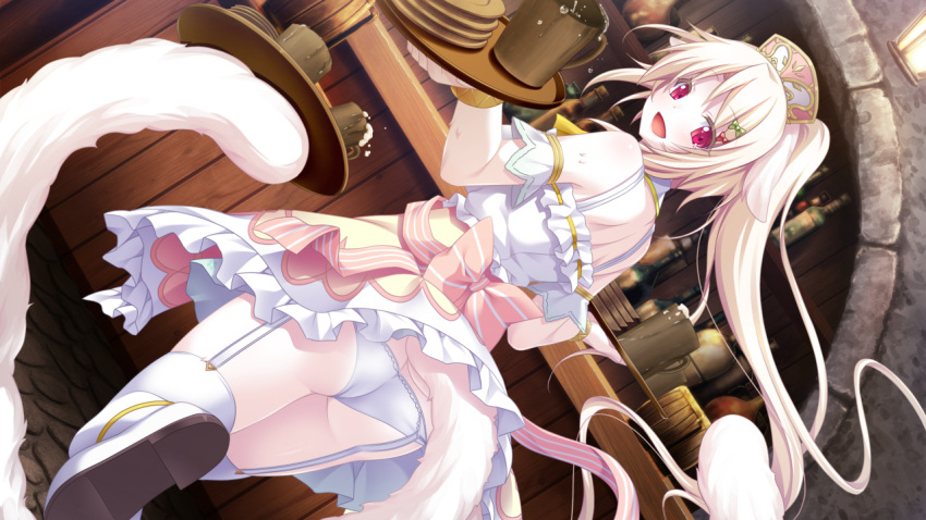 1girl, ass, bare_shoulders, blonde_hair, cup, dutch_angle, eushully, from_behind