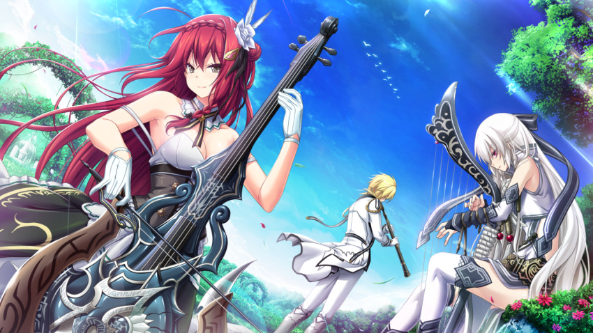 2girls, bare_shoulders, bird, black_eyes, blonde_hair, breasts, cleavage, detached_collar