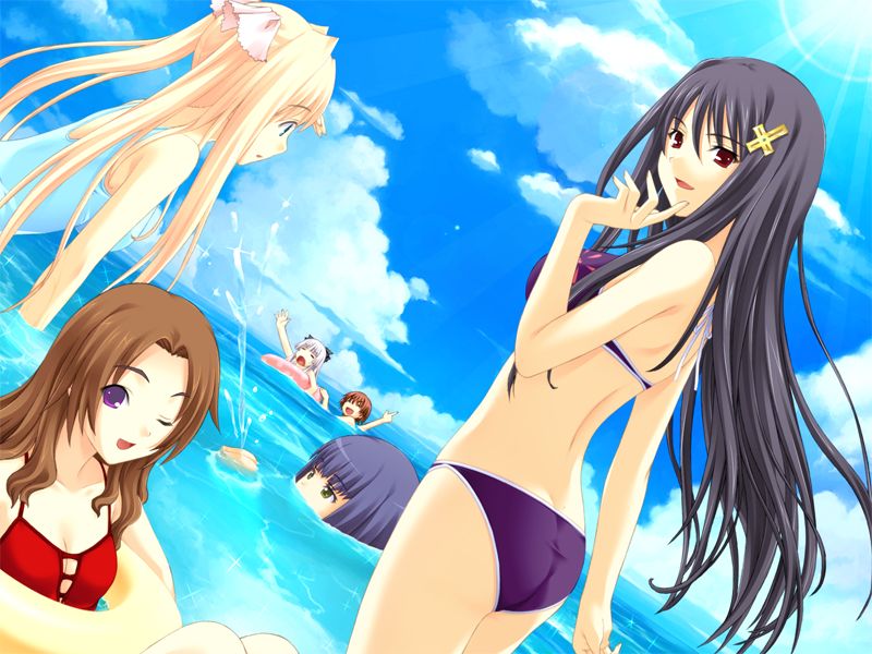 6girls, asakura_naoko, ass, bikini, black_hair, blonde_hair, blue_hair, brown_eyes