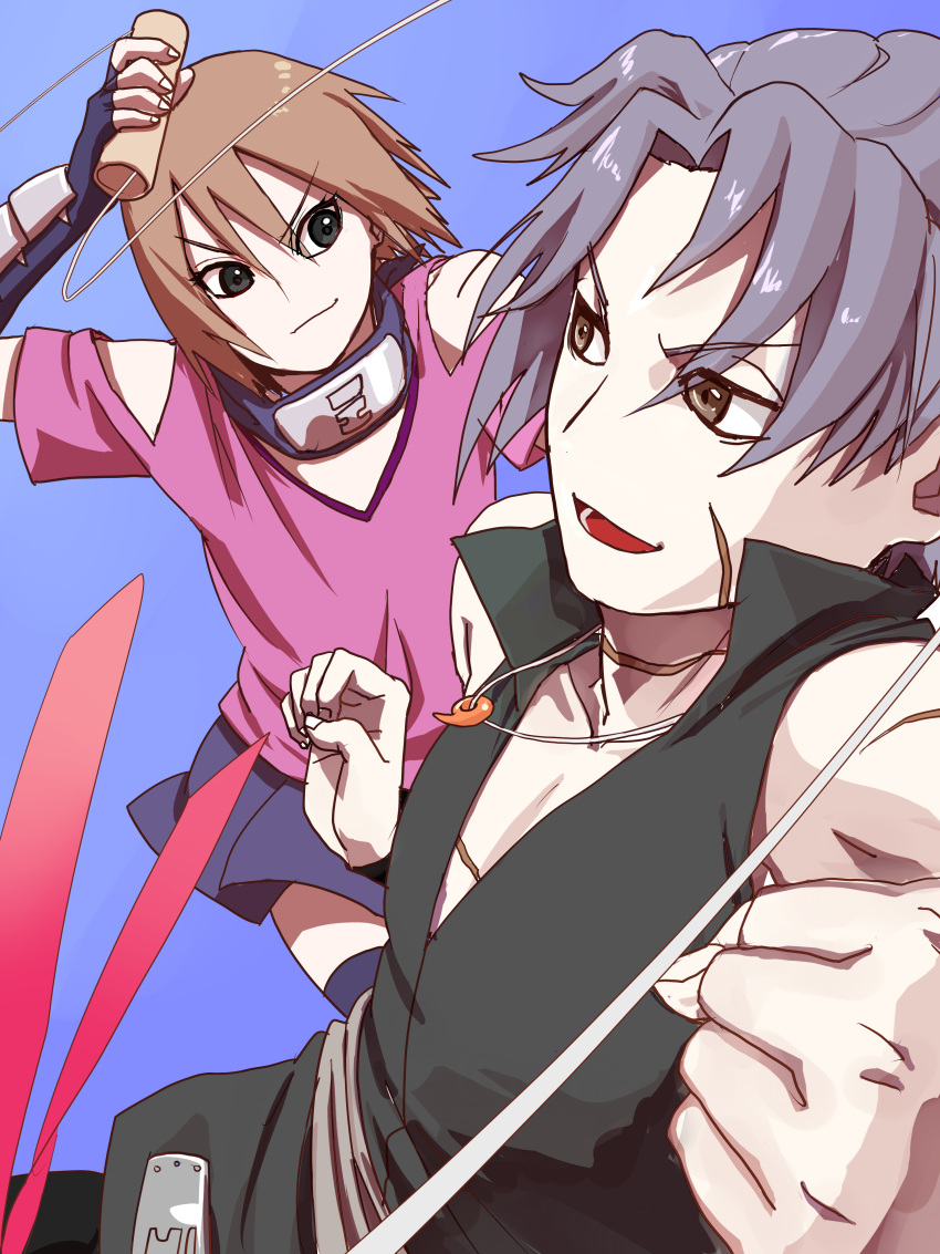 1boy, 1girl, brown_hair, gradient, gradient_background, grey_hair, jewelry, matsuri_(naruto), naruto, necklace, scar, shira_(naruto)