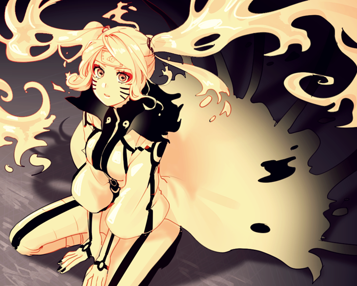 1girl, arm_support, blonde_hair, cloak, coat, facial_mark, fingernails, forehead_protector, genderswap, gradient, gradient_background, headband, long_coat, long_hair, long_sleeves, long_twintails, looking_at_viewer, makeup, nail_polish, naruko, naruto, orange_eyes, sitting, solo, trench_coat, twintails, uzumaki_naruto, uzumaki_naruto_(kyuubi_chakra_mode), yellow_skin
