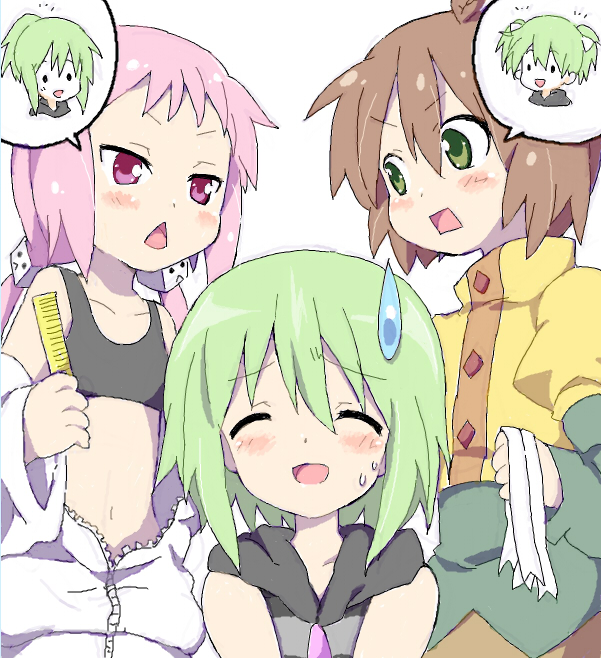 3girls, bad_id, closed_eyes, comb, green_hair, hair_ornament, hair_ribbon, hairdressing