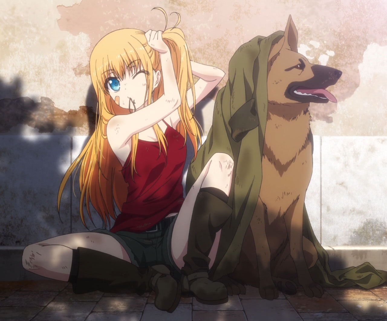 1girl, bandaid, bent_knees, blonde_hair, blue_eyes, boots, camisole, charlotte, charlotte_(anime), dog, female, long_hair, na-ga, nishimori_misa, nishimori_yusa, screencap, shorts, side_ponytail, sitting, sleeveless, stitched, tying_hair