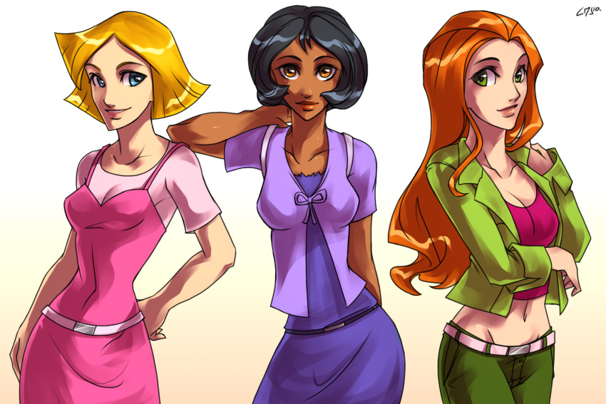 3girls, alex_(totally_spies), black_hair, blonde_hair, blue_eyes, breasts, cleavage, clover_(totally_spies)