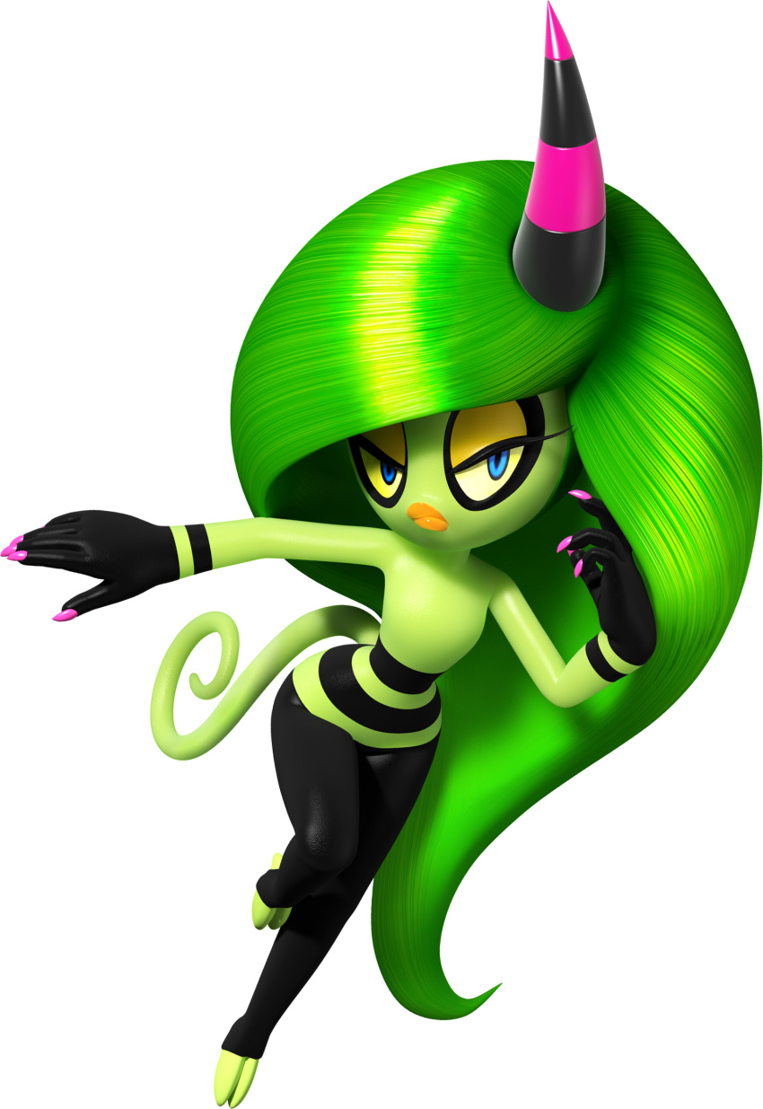 1girl, blue_eyes, green_hair, horn, lips, nail_polish, official_art, sega