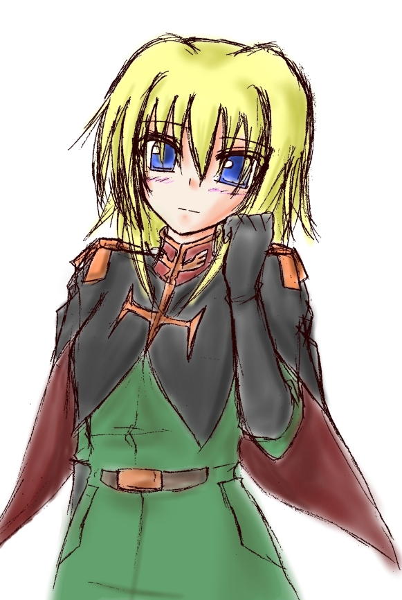 1girl, blonde_hair, blue_eyes, female, gloves, gundam, gundam_side_story:_from_place_beyond_the_blaze, lilia_flaubert