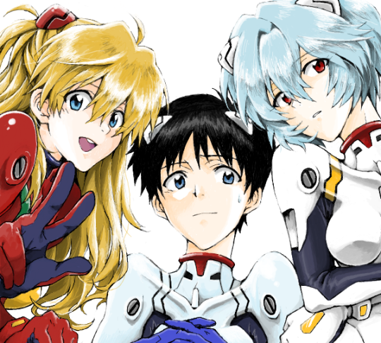 1boy, 2girls, ayanami_rei, black_hair, blonde_hair, blue_eyes, blue_hair, ikari_shinji
