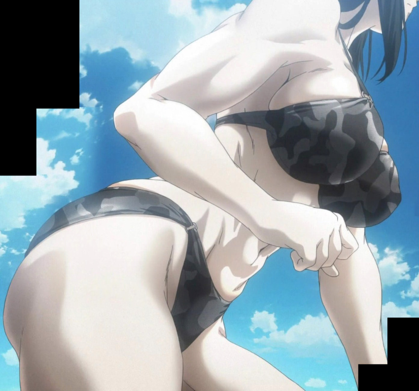 1girl, abs, bikini, black_hair, breasts, camouflage, camouflage_bikini, clouds
