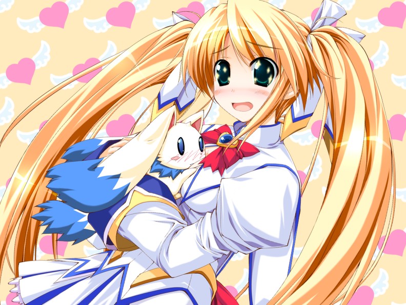 blonde_hair, cosplay, game_cg, hair_ribbon, heart, long_hair, mahou_shoujo_lyrical_nanoha, oshiki_hitoshi
