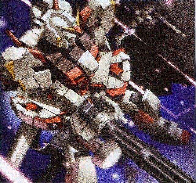 gatling_gun, gun, gundam, gundam_g04, gundam_g05, gundam_side_story:_from_place_beyond_the_blaze, mecha, official_art