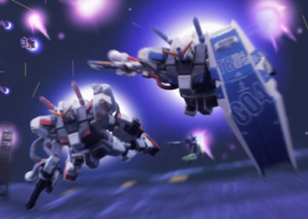 explosion, gatling_gun, gun, gundam, gundam_g04, gundam_g05, gundam_side_story:_from_place_beyond_the_blaze, mecha