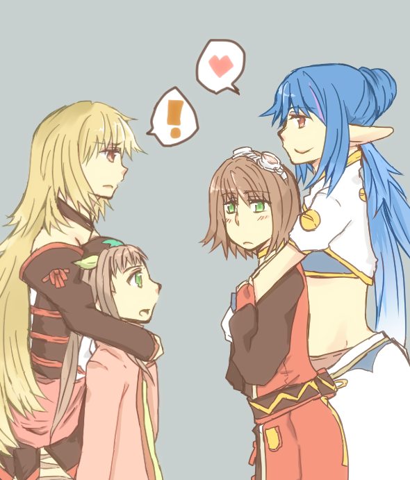 !, 4girls, antenna, bare_shoulders, belt, blonde_hair, blue_hair, blush