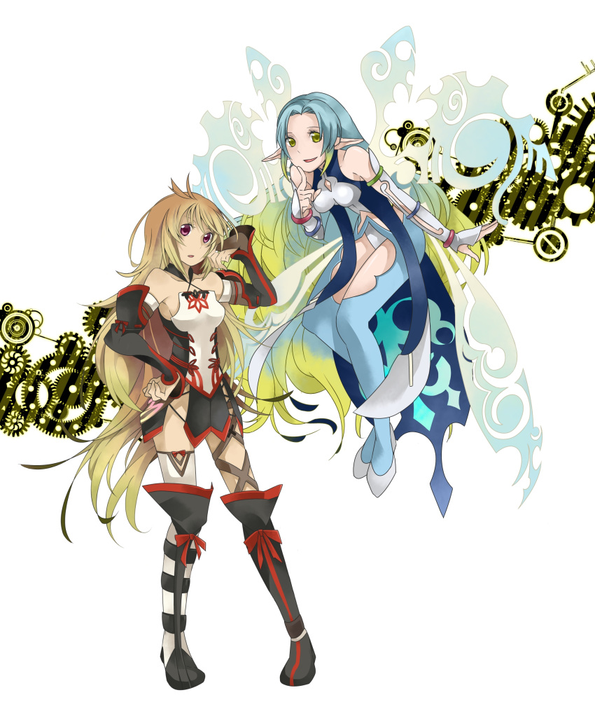 2girls, bare_shoulders, blue_hair, boots, bracelet, breasts, brown_hair, detached_sleeves, dress, green_eyes, jewelry, milla_(tales_of_xillia_2), multicolored_hair, multiple_girls, muzet_(tales), open_mouth, pantyhose, pointy_ears, ribbon, simple_background, skirt, tales_of_(series), tales_of_xillia, tales_of_xillia_2, thigh-highs, very_long_hair, violet_eyes, wings