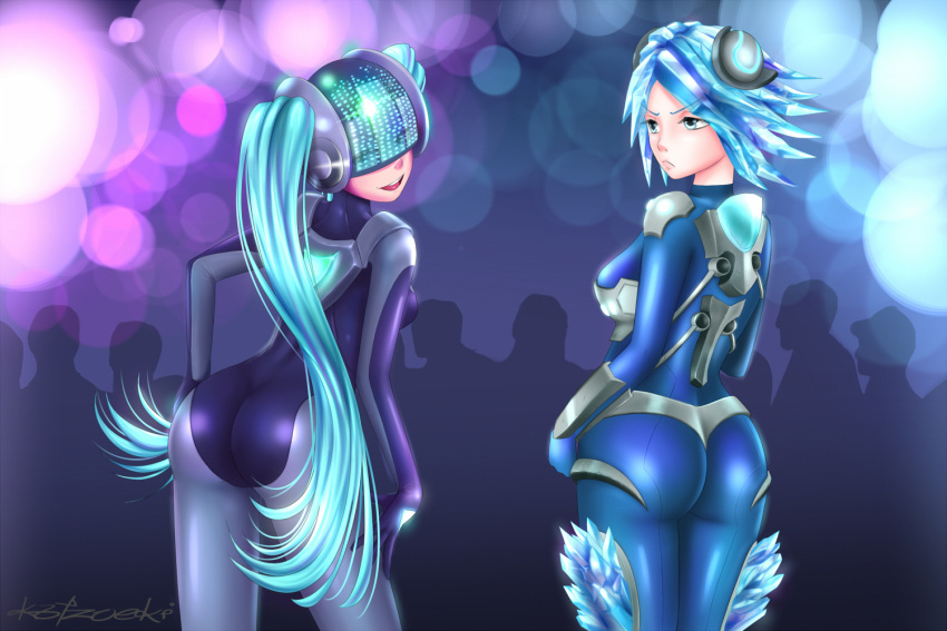2girls, alternate_costume, armor, ass, blue_eyes, blue_hair, bodysuit, breasts
