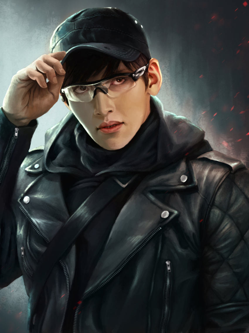 1boy, baseball_cap, black_hair, brown_eyes, earpiece, glasses, gradient, gradient_background, hand_on_hat, hat, healer, jacket, ji_chang-wook, leather_jacket, male_focus, quilted_jacket, seo_jung_hoo, solo, zipper