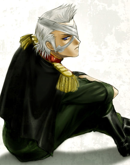 1boy, bandage, blue_eyes, boots, gradient, gradient_background, gundam, gundam_side_story:_from_place_beyond_the_blaze