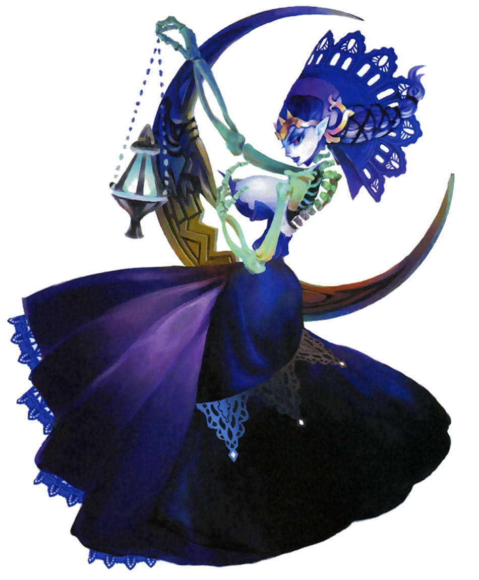 1girl, black_sclera, blue_dress, blue_hair, blue_lips, blue_skin, breasts, concept_art, crescent, dress, george_kamitani, huge_breasts, odette_(odin_sphere), odin_sphere, partial_skeleton, pointy_ears, simple_background, skeleton, solo, tied_hair, vanillaware, violet_eyes