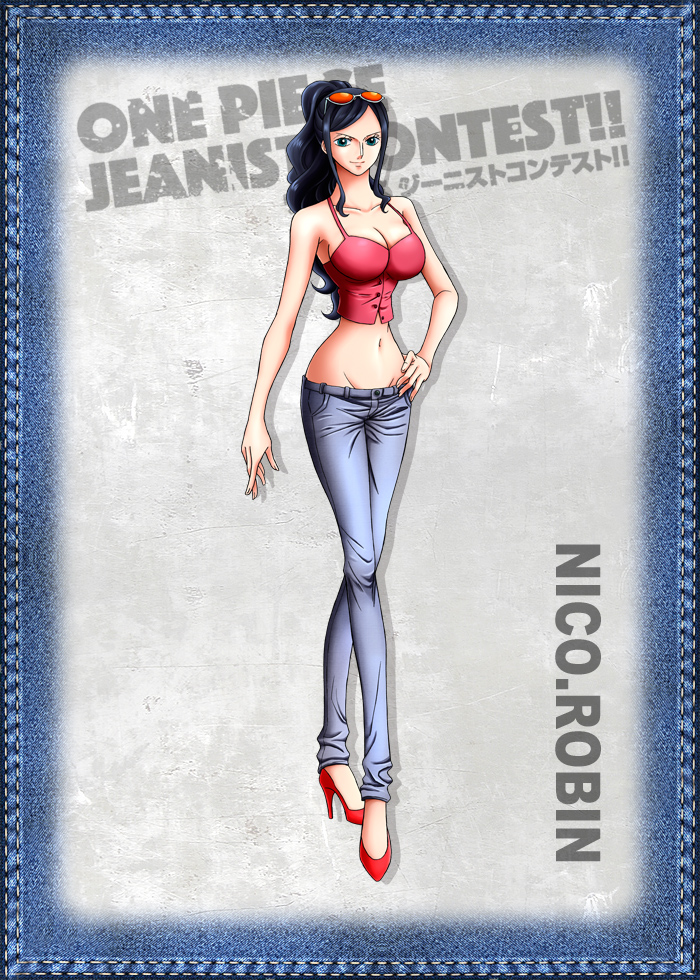 1girl, black_hair, blue_eyes, blue_jeans, breasts, denim, large_breasts, midriff