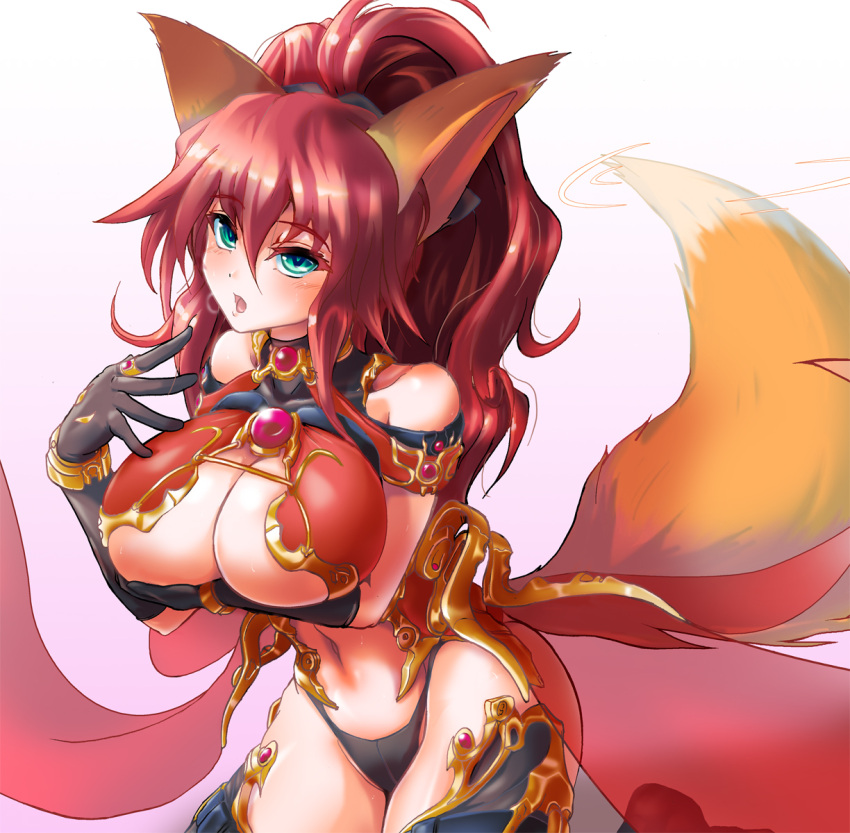 1girl, animal_ears, bare_shoulders, black_gloves, black_panties, blue_eyes, breast_hold, breasts