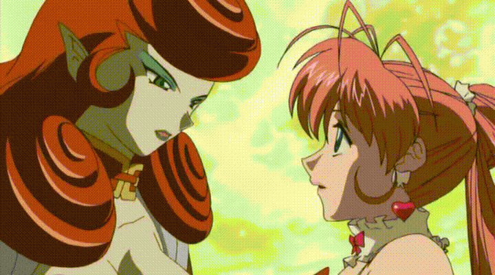 00s, 2girls, angry, animated, animated_gif, arm, arm_grab, ass, back, bare_shoulders, blue_eyes, blush, bow, bra, breasts, buildings, chin_grab, cleavage, closed_eyes, earrings, elbow_gloves, english, eye_contact, eyeshadow, female, gloves, green_eyes, green_lipstick, hair_rings, hug, jewelry, kiss, large_breasts, lingerie, lingerie_senshi_papillon_rose, lipstick, long_gloves, long_hair, looking_at_another, makeup, moon, multiple_girls, night, open_mouth, panties, papillon_rose, pink_hair, pink_legwear, pointy_ears, redhead, ribbon, sarong, sister_biene_(lingerie_senshi_papillon_rose), smile, standing, striped, striped_legwear, subtitled, surprised, talking, thigh-highs, thong, underwear, very_long_hair, yuri