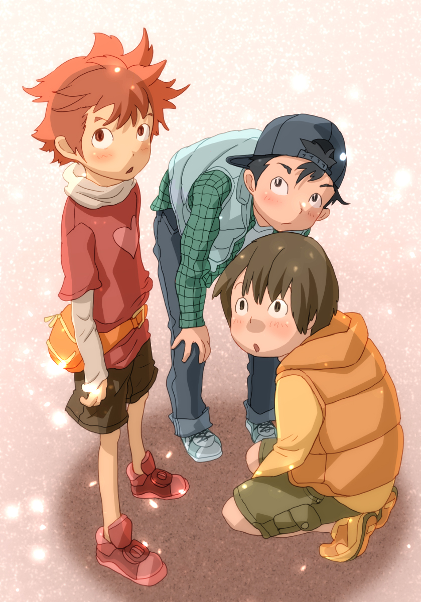 3boys, blush, child, genda, hada_toshiya, hat, heart, kneeling