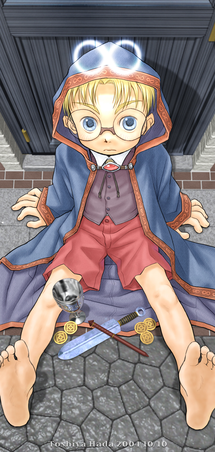 00s, 1boy, 2004, artist_name, barefoot, blonde_hair, blue_eyes, child, cloak, dagger, dated, feet, glasses, goblet, hada_toshiya, halo, looking_at_viewer, male_focus, original, outdoors, short_hair, shorts, sitting, solo, toes, weapon
