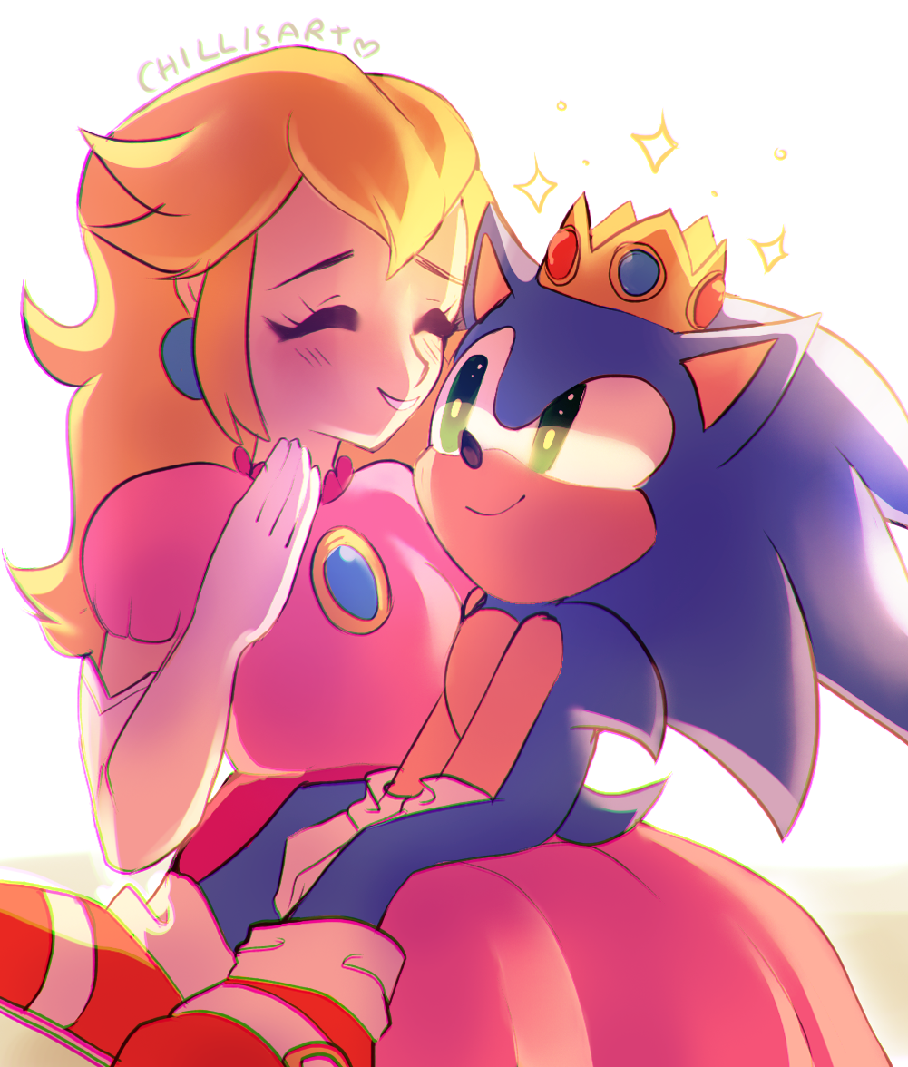 1boy, 1girl, anthro, blonde_hair, blue_skin, blush, chillisart, crossover, crown, earrings, elbow_gloves, furry, gloves, green_eyes, human, jewelry, nintendo, princess_peach, sega, simple_background, smile, sonic, sonic_(series), sonic_the_hedgehog, spacecolonie, super_mario_bros., super_smash_bros.