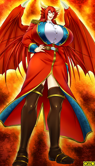 1girl, breasts, dragon_girl, gradient, gradient_background, horns, huge_breasts, joka_(hiwai)