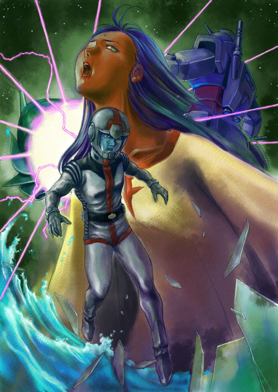 1boy, 1girl, amuro_ray, dark_skin, elmeth, green_eyes, gundam, lalah_sune