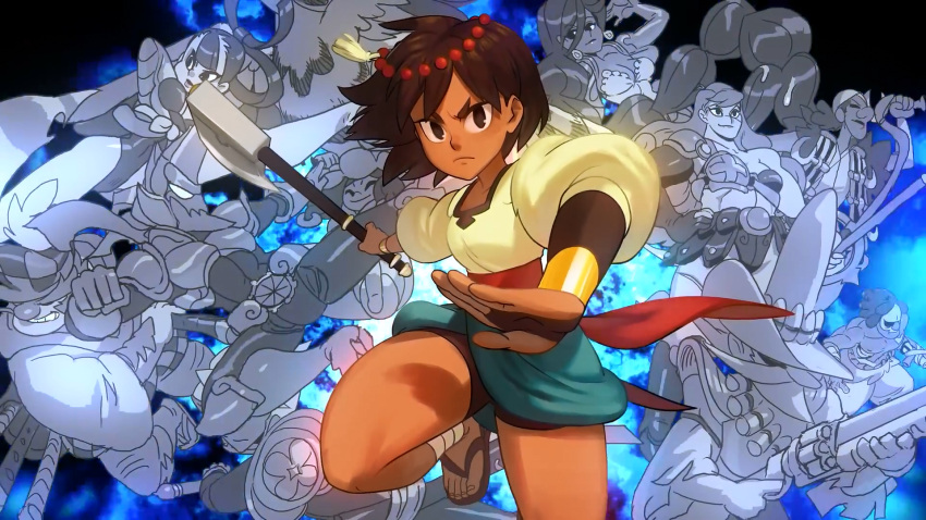 ajna_(indivisible), alex_ahad, axe, brown_eyes, brown_hair, character_request, dark_skin, indivisible