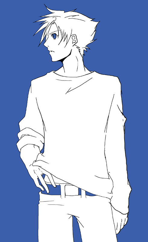 1boy, belt, blue_background, blue_eyes, casual, ford_romfellow, gundam, gundam_side_story:_from_place_beyond_the_blaze