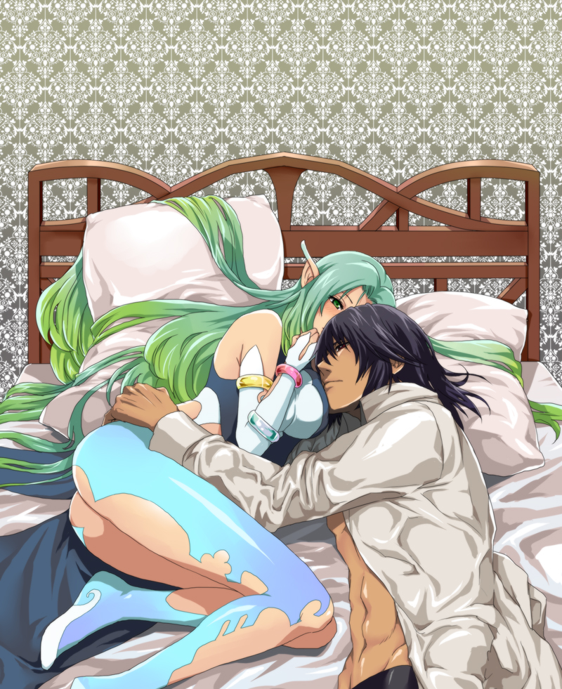 1boy, 1girl, abs, aqua_hair, ass, bare_shoulders, black_hair, blush