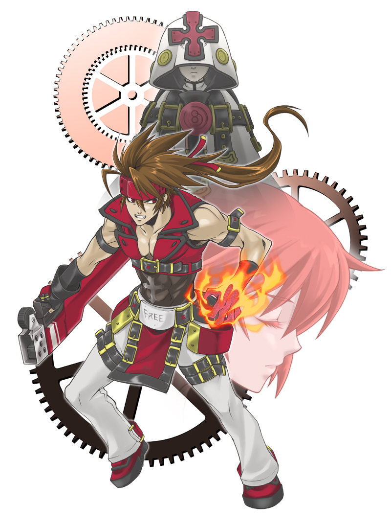 1girl, 2boys, ano_otoko, arc_system_works, aria_(guilty_gear), artist_request, bare_shoulders, belt