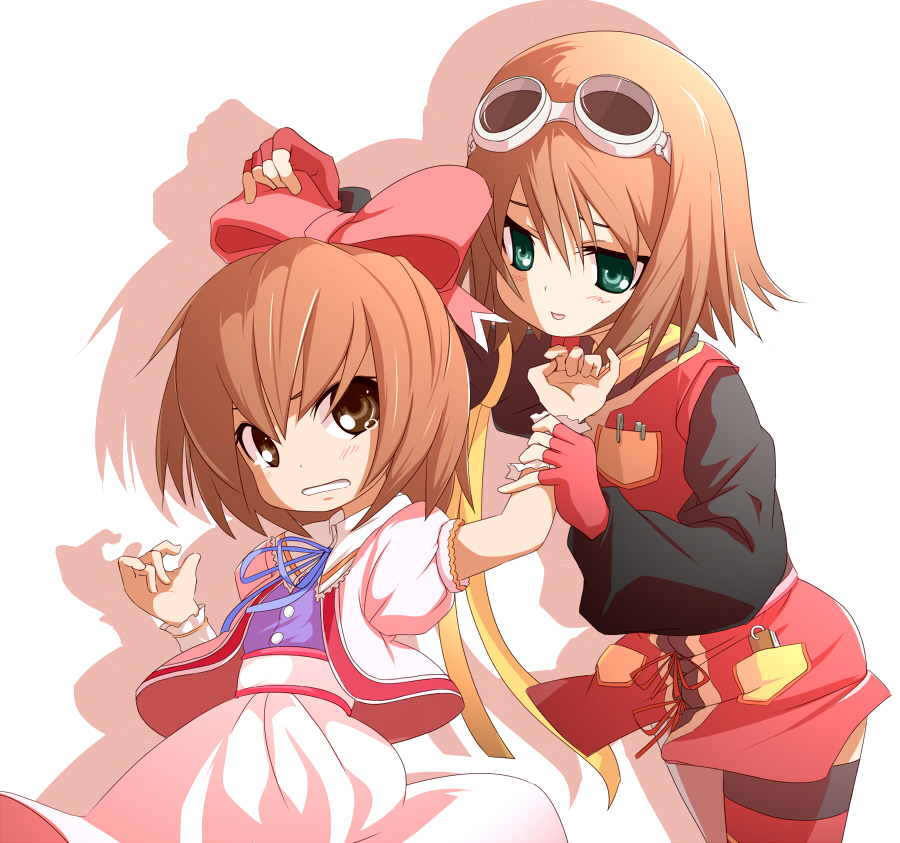 1girl, blush, bow, brown_eyes, brown_hair, crossdressinging, dress, gloves, goggles, grab, green_eyes, karol, karol_capel, machily, miko_machi, ribbon, rita_mordio, tales_of_(series), tales_of_vesperia, thighhighs, trap, wrist_grab