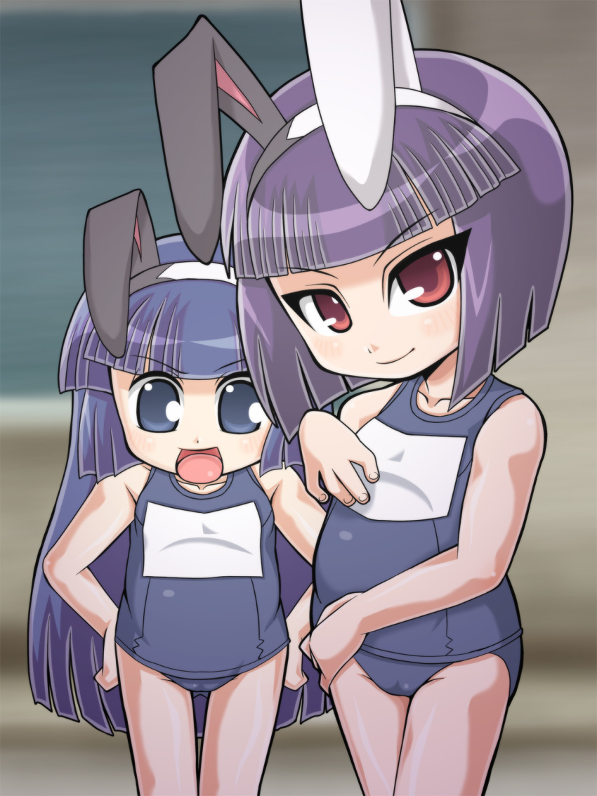 blue_eyes, blue_hair, classroom, fat_mons, genkotsu_herajika, happy, purple_hair, red_eyes, swimsuit