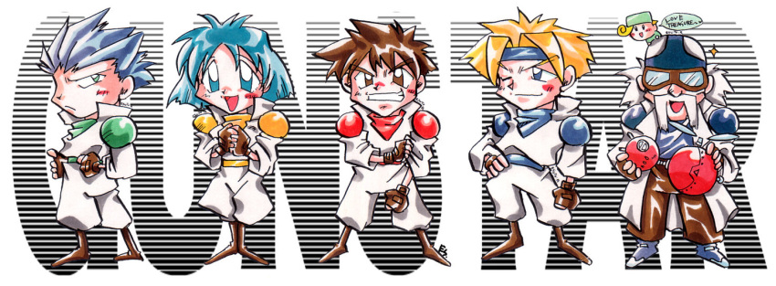dr._brown, green_(gunstar_heroes), gunstar_blue, gunstar_heroes, gunstar_red, simple_background, yellow_(gunstar_heroes)