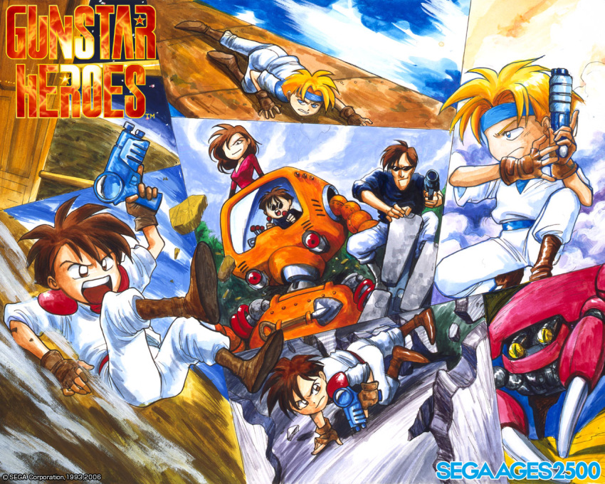 gradient, gradient_background, gunstar_blue, gunstar_heroes, gunstar_red, kain_(gunstar_heroes), kotaro_(gunstar_heroes), pink_(gunstar_heroes)