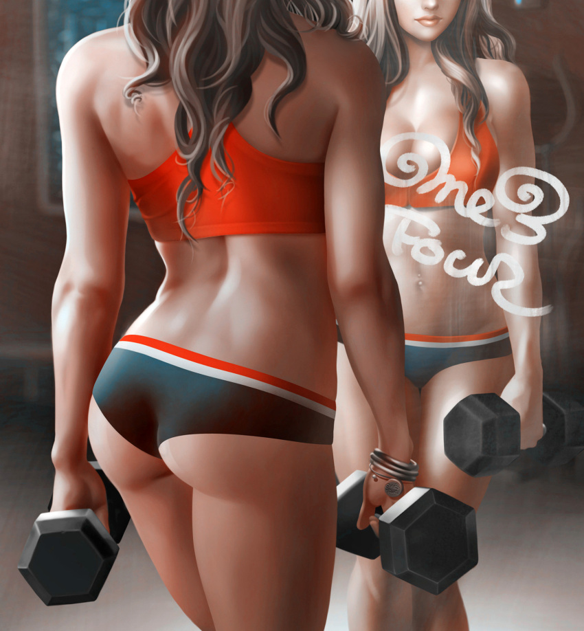 1girl, ass, athletic, bare_shoulders, bracelet, breasts, character_request, dumbbell