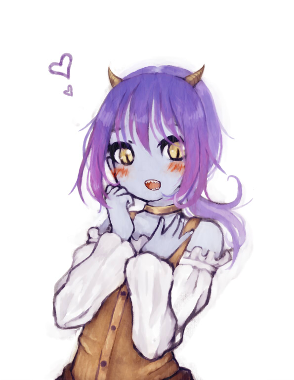 1girl, bare_shoulders, blue_skin, blush, buttons, choker, demon, demon_girl