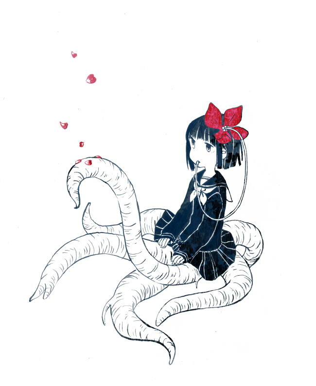 1girl, bangs, black_eyes, black_hair, blunt_bangs, bob_cut, bow, flat_chest