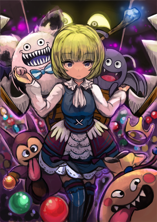 1girl, baby_satan, bangs, black_eyes, blonde_hair, blue_legwear, blue_skirt, blunt_bangs, blush_stickers, bow, bowtie, chest_of_drawers, cravat, crown, drag-on_dragoon, drag-on_dragoon_2, dragon_quest, dragon_quest_x, drakee, expressionless, fangs, frown, glowing, glowing_eyes, hand_holding, hitokui_bako, lavender_eyes, long_sleeves, long_tongue, looking_at_viewer, monster, monster_master_(dragon_quest_x), moumon, odoru_houseki, ribbon_trim, sack, sharp_teeth, short_hair, skirt, skirt_set, solo, staff, striped, striped_legwear, tansu_mimic, teeth, thigh-highs, toi_(toiot), tongue, tongue_out, vertical-striped_legwear, vertical_stripes, yellow_eyes, zettai_ryouiki