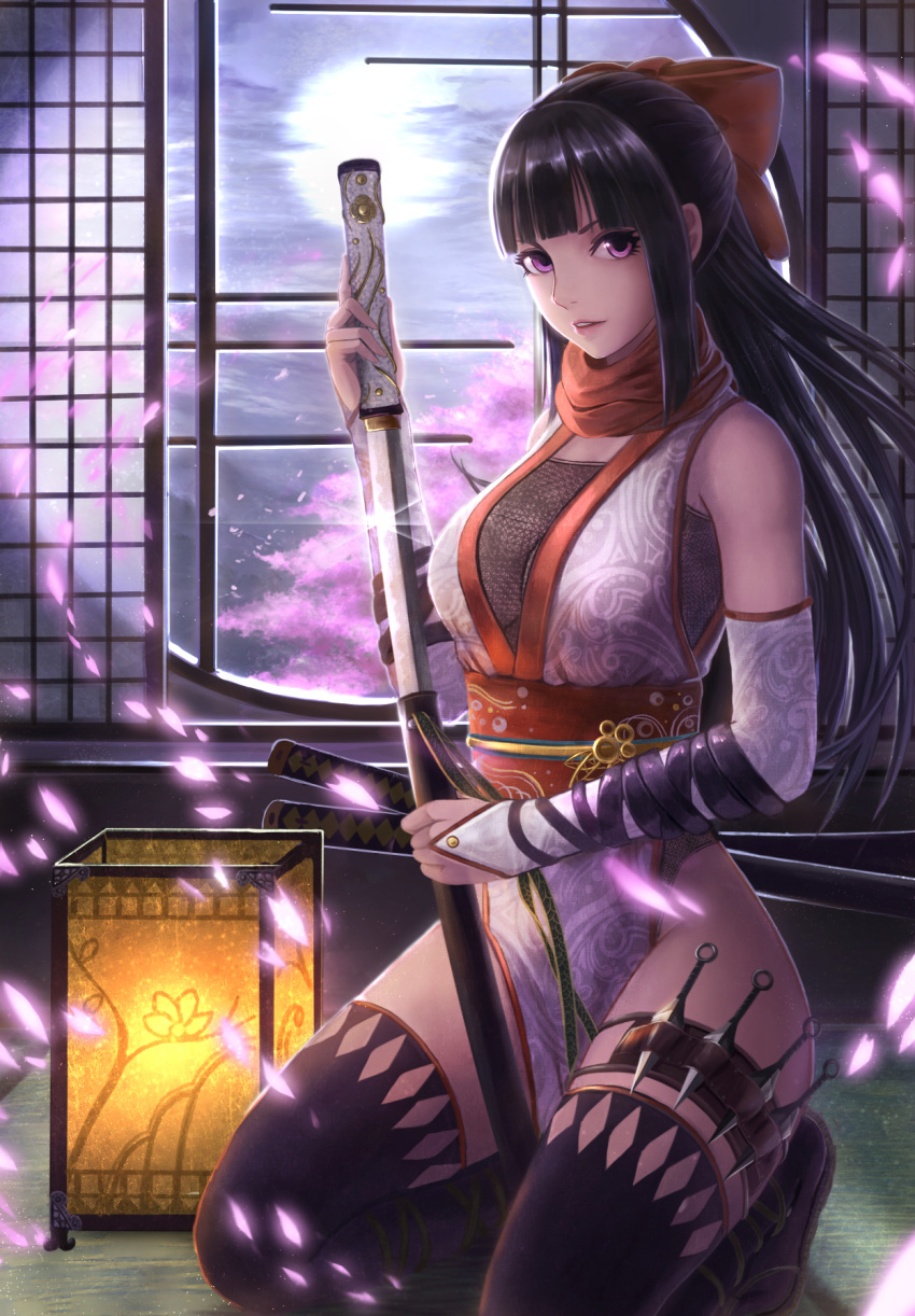 1girl, bare_shoulders, black_hair, black_legwear, black_thighhighs, female, fishnet_top, kneeling