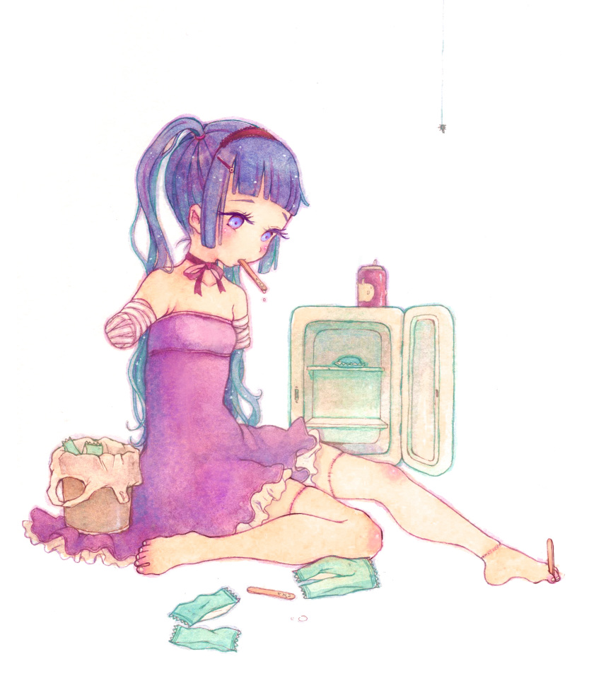 1girl, amputee, bandage, bare_shoulders, barefoot, between_toes, blue_eyes, blue_hair