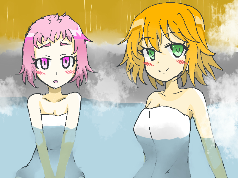 2girls, bare_shoulders, blush, breasts, cleavage, green_eyes, harumi_madoka, inu_to_hasami_wa_tsukaiyou